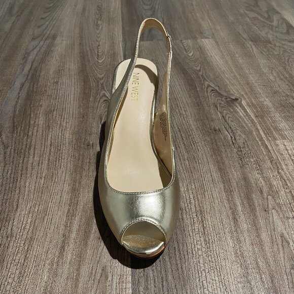 Nine West Gold Slingback Peep Toe Wedged Heels - Picture 2 of 3